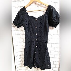 Black Eyelet Button-Front Mini Dress with Puff Sleeves
